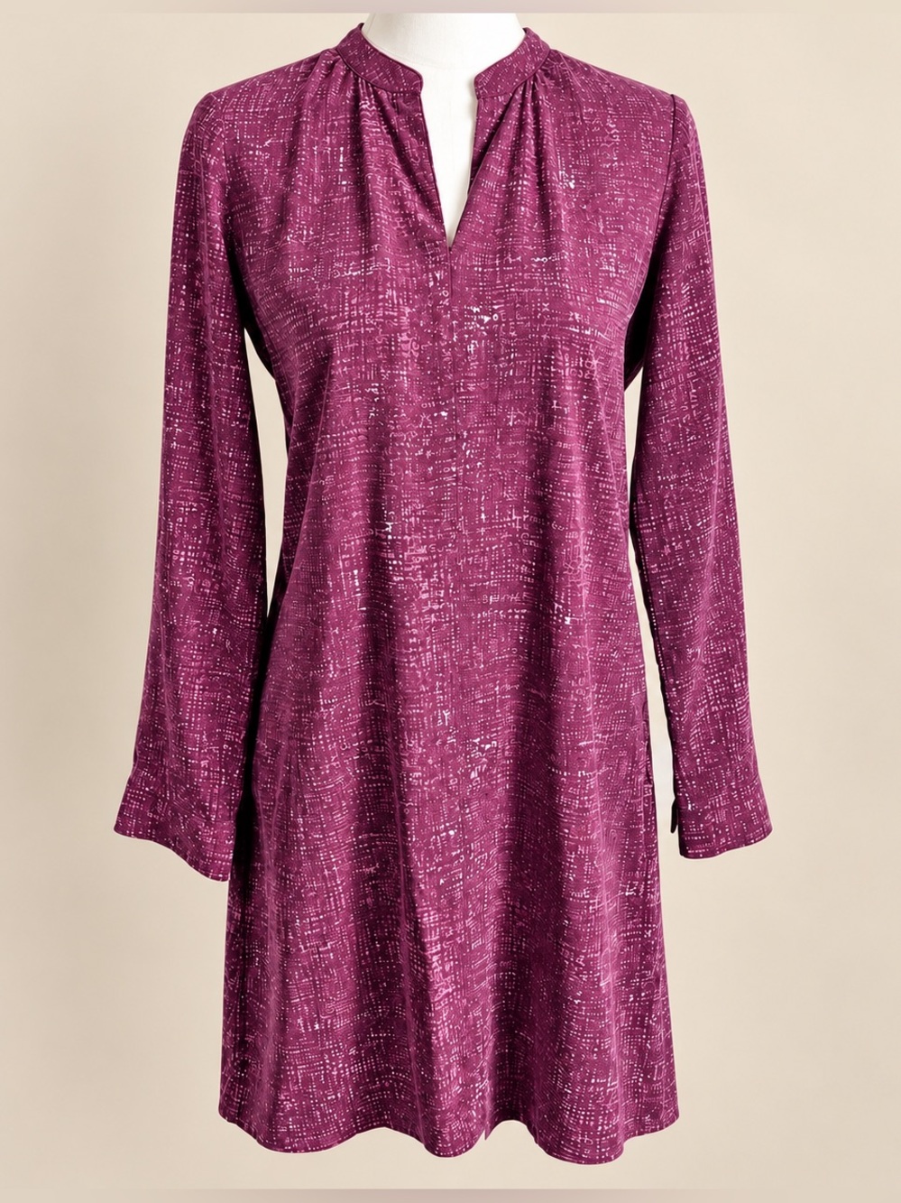 J Jill 100% Silk Shift Dress XS Plum Purple Abstract Print Long Sleeve